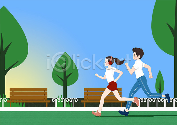 즐거움 남자 두명 성인 여자 PSD 일러스트 공원 나무 달리기 라이프스타일 벤치 전신 조깅 커플 헤드셋