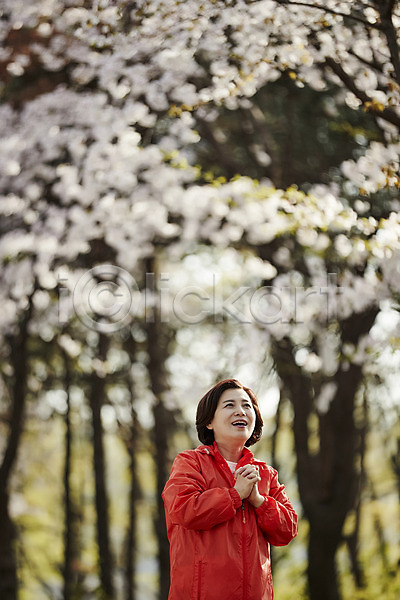 50대 여자 중년 중년여자한명만 한국인 한명 JPG 아웃포커스 앞모습 포토 공원 꽃 꽃구경 나무 미소(표정) 상반신 서기 야외 운동복 응시 주간 중년라이프