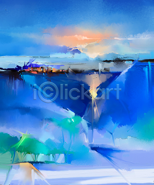 사람없음 JPG 포토 해외이미지 그림 손그림 유화 파란색 풍경(경치) 풍경화 하늘 해외202004 호수