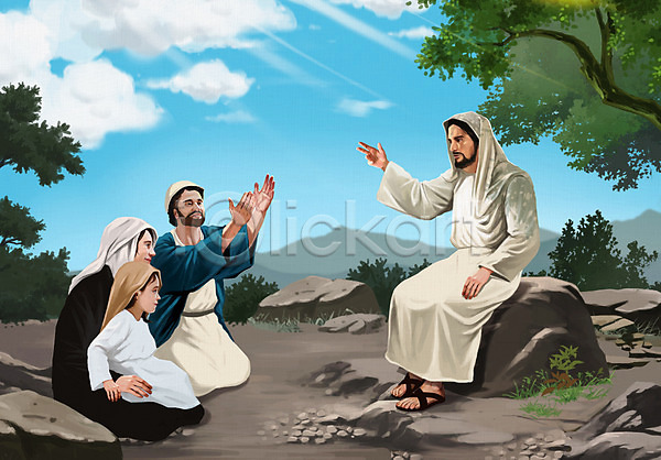 군중 남자 성인 소녀(어린이) 여러명 여자 PSD 일러스트 기독교 나무 바위(돌) 설교 성경 성경이야기 성화 신도 앉기 예수 전신