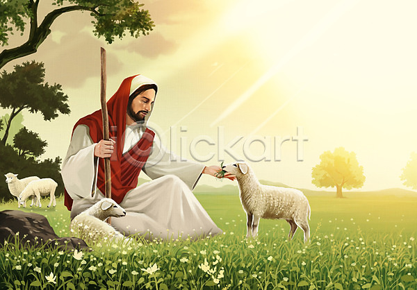 남자 성인 한명 PSD 일러스트 기독교 선한목자 성경 성경이야기 성화 앉기 양 여러마리 예수 전신 초원(자연) 한마리 햇빛