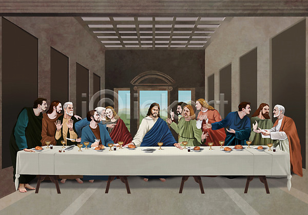 남자 성인 여러명 PSD 일러스트 기독교 빵 성경 성경이야기 성화 식사 식탁 열두제자 예수 와인 제자 최후의만찬