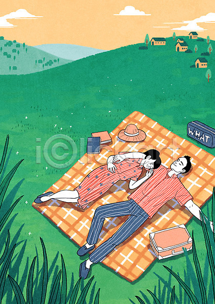 여유 휴식 남자 두명 여자 PSD 일러스트 공원 눕기 돗자리 소풍 야외 잠 전신 주간 초록색 초원(자연) 커플