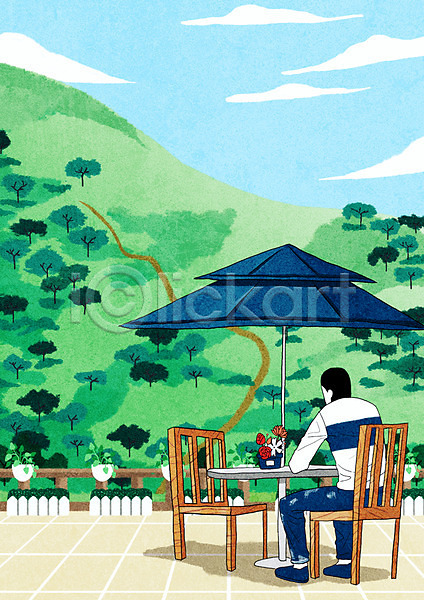 여유 남자 한명 PSD 일러스트 산 앉기 야외 야외테라스 전신 주간 초록색 카페