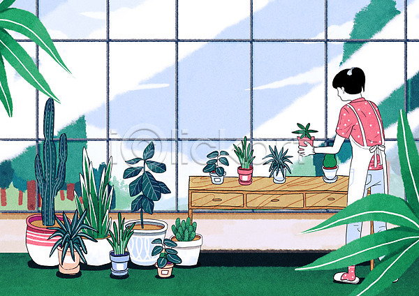 여유 여자 한명 PSD 일러스트 꽃 서기 식물 실내 원예 전신 창문 초록색 취미 화분