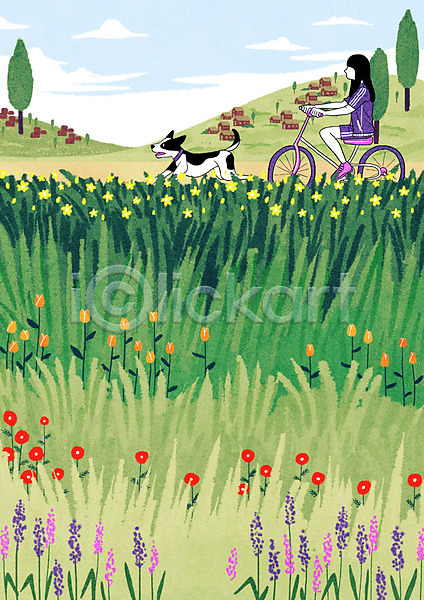 여유 여자 한명 PSD 일러스트 강아지 꽃밭 반려 반려동물 야외 자전거 전신 주간 초록색 펫팸족 한마리