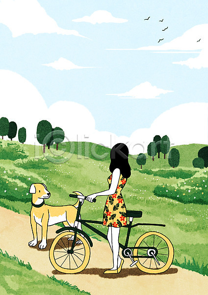 산책 여유 여자 한명 PSD 일러스트 강아지 공원 반려 반려동물 서기 야외 자전거 전신 주간 초록색 펫팸족 하늘 한마리