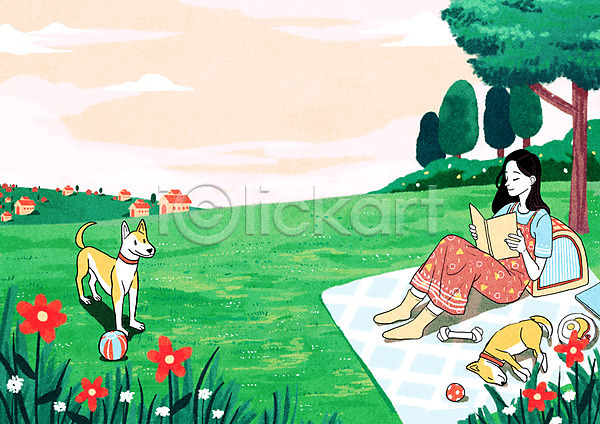산책 여유 여자 한명 PSD 일러스트 강아지 개껌 공원 꽃 독서 돗자리 두마리 반려 반려동물 앉기 야외 전신 주간 초록색 펫팸족