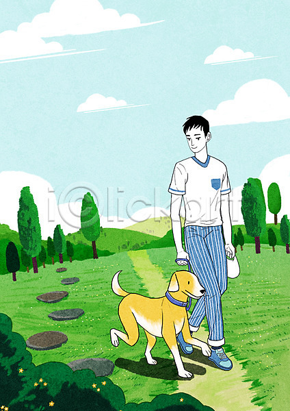 산책 여유 남자 한명 PSD 일러스트 강아지 걷기 공원 반려 반려동물 야외 전신 주간 초록색 펫팸족 한마리