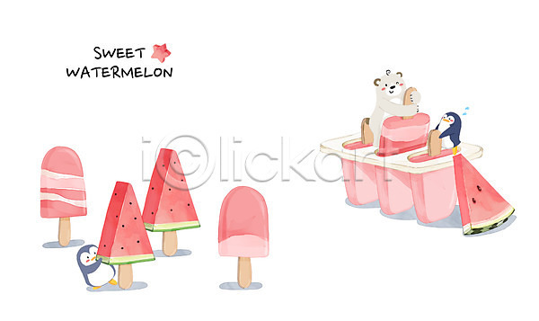 시원함 사람없음 PSD 일러스트 곰 과채 막대아이스크림 바캉스 백그라운드 세마리 수박 수채화(물감) 아이스크림 여름(계절) 여름라이프 여름음식 여름휴가 제철과일 제철음식 펭귄
