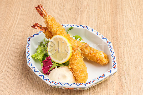 사람없음 JPG 포토 레몬 마요네즈 새우 새우튀김 샐러드 음식 일본음식 접시 채소 튀김