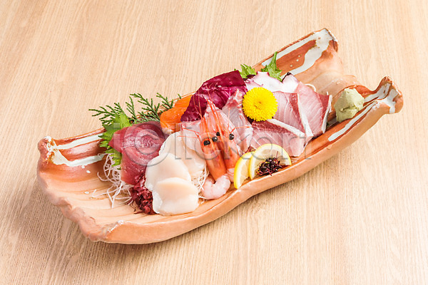 사람없음 JPG 근접촬영 포토 고추냉이 꽃 레몬 새우 생선회 음식 일본음식 접시 조개