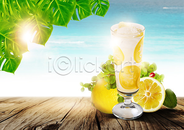 사람없음 PSD 편집이미지 과일 구름(자연) 나뭇잎 레모네이드 레몬 레몬주스 음료 잔 편집 하늘