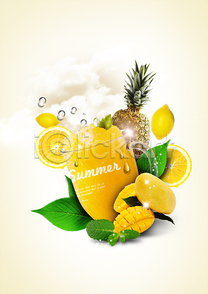 사람없음 PSD 편집이미지 과일 과일주스 구름(자연) 레몬 망고 망고주스 물방울 음료 잔 파인애플 편집 허브
