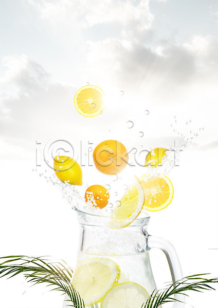 사람없음 PSD 편집이미지 과일 구름(자연) 나뭇잎 레모네이드 레몬 스플래쉬 유리병 음료 편집 하늘