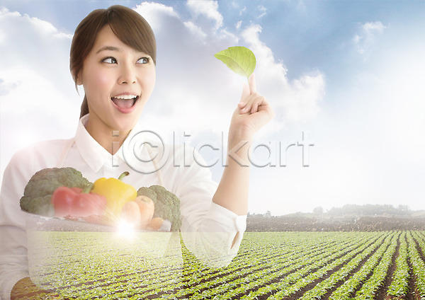 20대 성인 성인여자한명만 여자 한국인 한명 PSD 편집이미지 구름(자연) 나뭇잎 당근 밭 브로콜리 상반신 수확 식재료 웃음 유기농 편집 피망 하늘