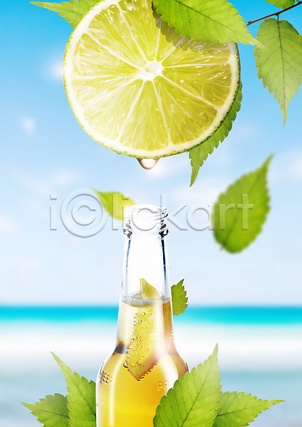 사람없음 PSD 편집이미지 과일 나뭇잎 단면 레몬 맥주 맥주병 슬라이스 편집