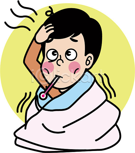 추위 남자 성인 성인남자한명만 한명 AI(파일형식) 일러스트 감기(질병) 귀체온계 두통 상반신 앉기 열 이불 체온계