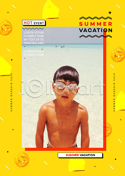 남자 서양인 소년한명만 어린이 외국인 한명 PSD 앞모습 편집이미지 노란색 물안경 상반신 서기 여름(계절) 포스터 해변