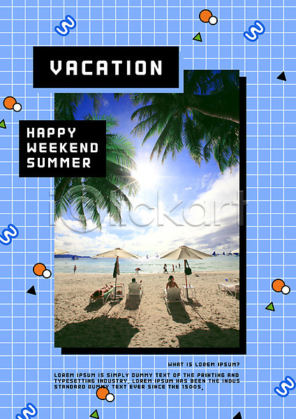 여러명 PSD 뒷모습 편집이미지 무늬 선베드 야자수 여름(계절) 파라솔 패턴 포스터 해변 햇빛 휴가