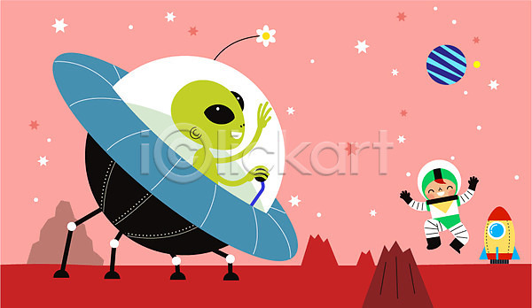 만남 남자 한명 AI(파일형식) 일러스트 별 비행선 여행 외계인 우주 우주비행사 우주선 우주여행 전신 탐사 행성 혜성
