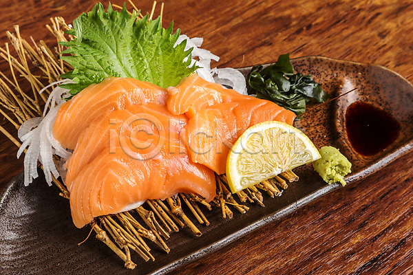 사람없음 JPG 포토 간장 고추냉이 깻잎 나뭇가지 레몬 생선회 양파 연어회 일본음식 접시 회
