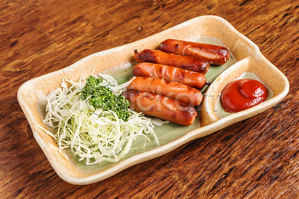 사람없음 JPG 포토 구이 소시지 실내 양배추 음식 일본음식 접시 케첩 파슬리