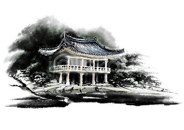 사람없음 PSD 일러스트 건축물 수묵화 정자(건축물) 캘리그라피 한국건축 한국전통 한옥