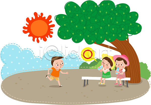 휴식 남자 세명 어린이 여자 AI(파일형식) 일러스트 그늘 나무 더위 모자(잡화) 물 벤치 서기 안전 앉기 전신 태양