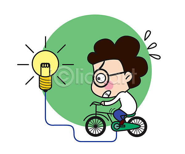남자 성인 한명 AI(파일형식) 일러스트 과학자 스티커 앉기 에너지 자전거 전구 전신 직업캐릭터 캐릭터