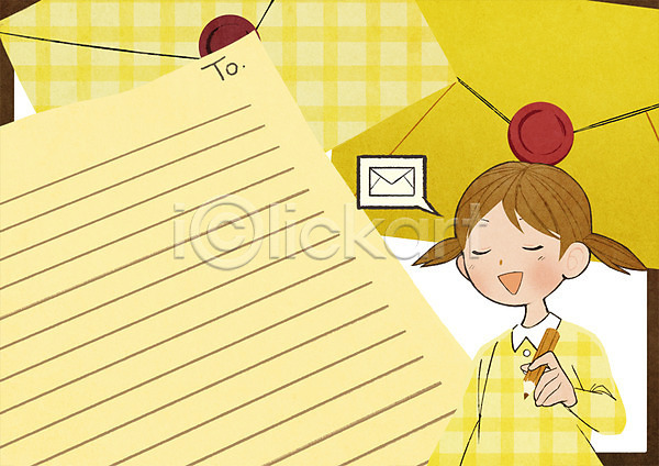 어린이 여자 한명 PSD 일러스트 프레임일러스트 들기 상반신 연필 웃음 편지 편지봉투 편지지 프레임