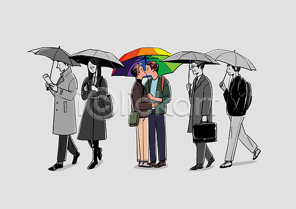 무관심 사랑 함께함 남자 성인 여러명 여자 PSD 일러스트 금지 동성애자 들기 무지개 무지개색 서기 우산 전신 차별 커플 키스