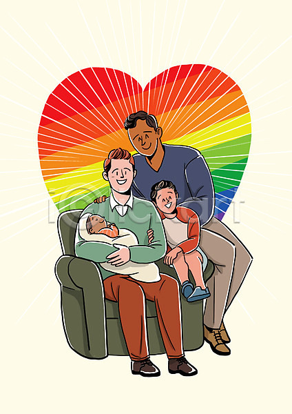 사랑 남자 성인 아기 어린이 여러명 여자 PSD 일러스트 가족 금지 동성애자 무지개 성소수자 앉기 입양 입양아 전신 차별 커플 하트