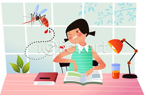 여자 청소년 한명 AI(파일형식) 일러스트 나무 모기 상반신 스탠드 앉기 여름(계절) 음료 조명 창문 책 컵 탁자 해충