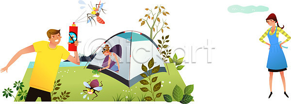 남자 성인 세명 여자 AI(파일형식) 일러스트 나무 나뭇잎 모기 모기향 벌레 살충제 상반신 야외 여름(계절) 전신 캠핑 텐트 파리(곤충) 파리(프랑스) 해충