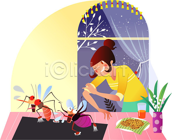성인 여자 한명 AI(파일형식) 일러스트 과자 꽃병 나무 모기 벌레 별 상반신 서기 여름(계절) 음료 접시 창문 커튼 쿠키 탁자 파리(곤충) 파리(프랑스) 해충