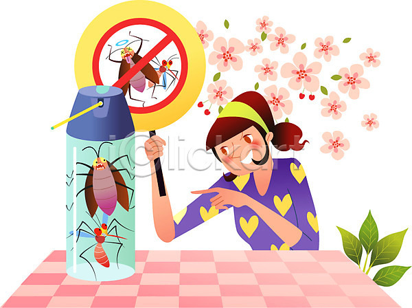 구속 성인 여자 한명 AI(파일형식) 일러스트 꽃 나뭇잎 모기 바퀴벌레 벌레 살충 살충제 상반신 여름(계절) 표지판 해충