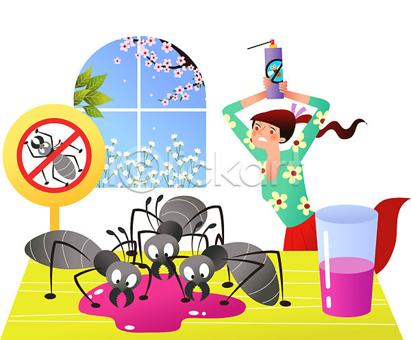 성인 여자 한명 AI(파일형식) 일러스트 개미 꽃 나무 나뭇잎 벌레 살충제 상반신 여름(계절) 음료 창문 탁자 표지판 해충