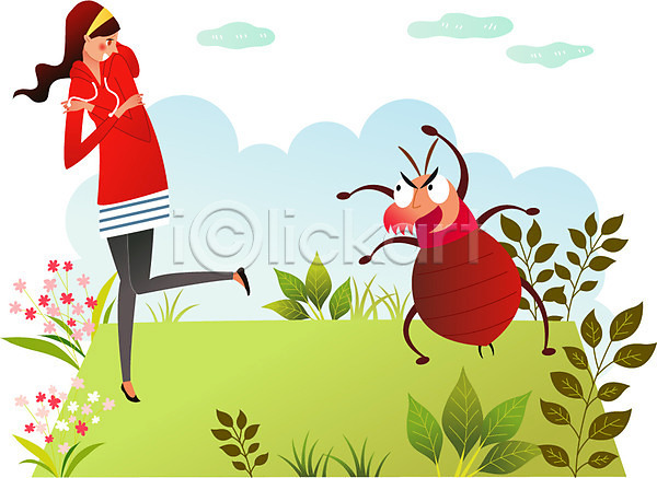 성인 여자 한명 AI(파일형식) 일러스트 공격 공원 구름(자연) 꽃 나뭇잎 벌레 서기 여름(계절) 위협 전신 진드기 해충