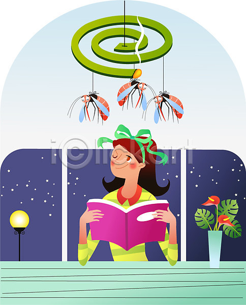 여유 성인 여자 한명 AI(파일형식) 일러스트 가로등 모기 모기향 모빌 벌레 별 상반신 여름(계절) 연기 조명 창문 책 탁자 해충 화분
