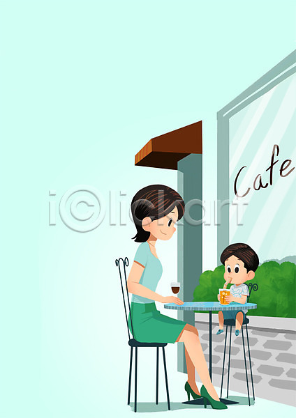남자 두명 성인 어린이 여자 PSD 일러스트 가족 먹기 바캉스 아들 엄마 여름(계절) 여름휴가 음료 의자 전신 카페 탁자