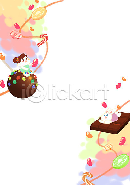 어린이 여자 한명 PSD 일러스트 프레임일러스트 디저트 사탕 앉기 전신 젤리 초콜릿 토끼 프레임