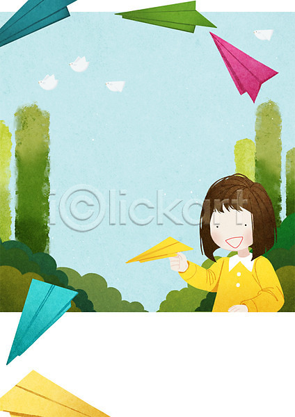 어린이 여자 한명 PSD 일러스트 프레임일러스트 나무 놀기 방과후 상반신 서기 조류 종이비행기 프레임 하늘