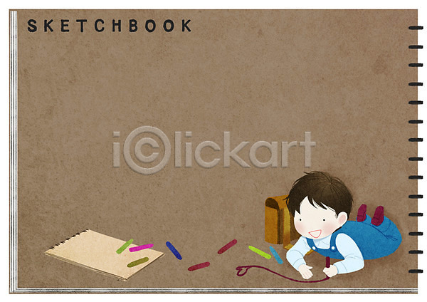 남자 어린이 한명 PSD 일러스트 프레임일러스트 가방 그리기 그림 방과후 스케치북 엎드리기 전신 크레파스 프레임