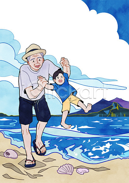 남자 노년 두명 성인 어린이 PSD 일러스트 가족 구름(자연) 모래사장 바다 산 서기 손자 여행 전신 조개 파도 하늘 할아버지