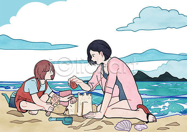 두명 성인 어린이 여자 PSD 일러스트 가족 구름(자연) 딸 모래사장 모래성 바다 산 삽 앉기 엄마 여행 전신 조개