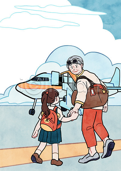 남자 노년 두명 어린이 여자 PSD 일러스트 가족 경비행기 구름(자연) 비행기 서기 손녀 여행 전신 할아버지
