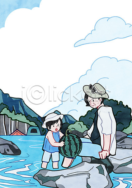 노년 두명 어린이 여자 PSD 일러스트 가족 계곡 구름(자연) 바위 산 상반신 손녀 수박 여행 절벽 텐트 할머니