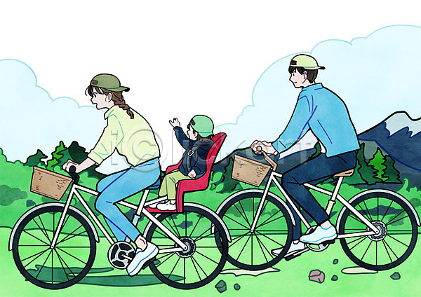 남자 성인 세명 어린이 여자 PSD 일러스트 가족 구름(자연) 나무 딸 산 아빠 앉기 엄마 여행 자전거 전신 초원(자연)