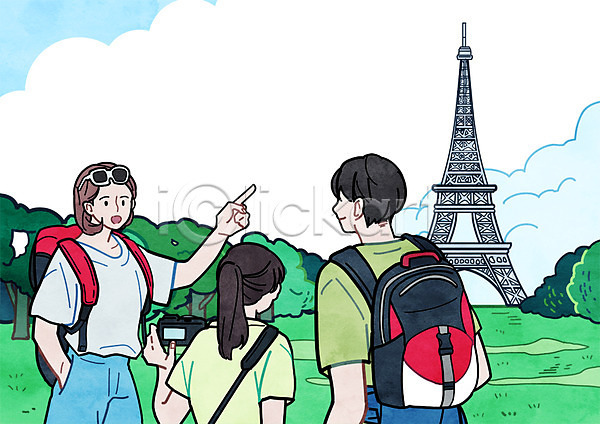 남자 성인 세명 어린이 여자 PSD 일러스트 가족 구름(자연) 나무 들기 배낭여행 상반신 서기 아들 아빠 엄마 에펠탑 여행 초원(자연) 카메라 파리(프랑스)